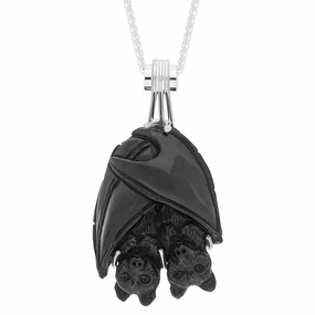 Sterling Silver Whitby Jet Large Carved Bats Tube Bail Necklace