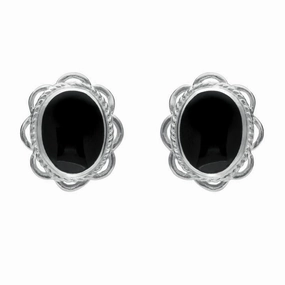 Sterling Silver Whitby Jet Large Rope Oval Frill Stud Earrings