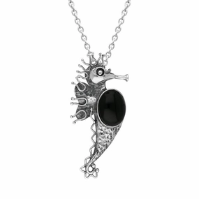 Sterling Silver Whitby Jet Large Seahorse Necklace D