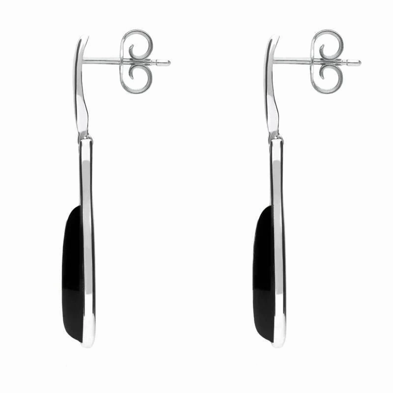 Sterling Silver Whitby Jet Long Slim Pear Drop Stud Earrings