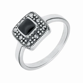 Sterling Silver Whitby Jet Marcasite Cushion Shape Beaded Edge Ring