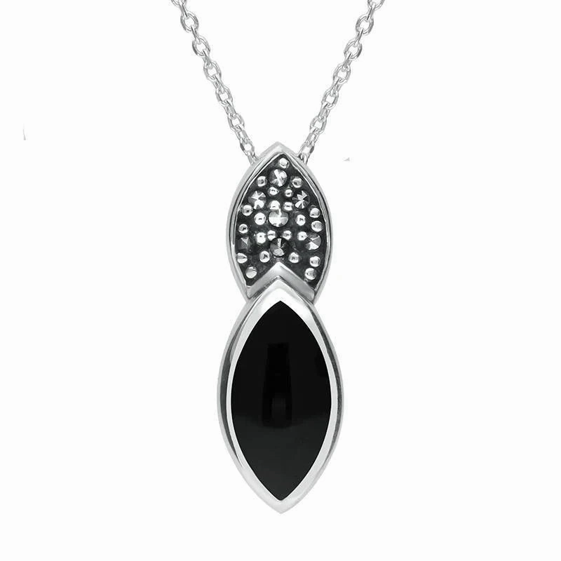 Sterling Silver Whitby Jet Marcasite Double Marquise Necklace