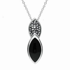 Sterling Silver Whitby Jet Marcasite Double Marquise Necklace