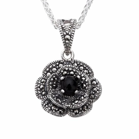 Sterling Silver Whitby Jet Marcasite Flower Necklace