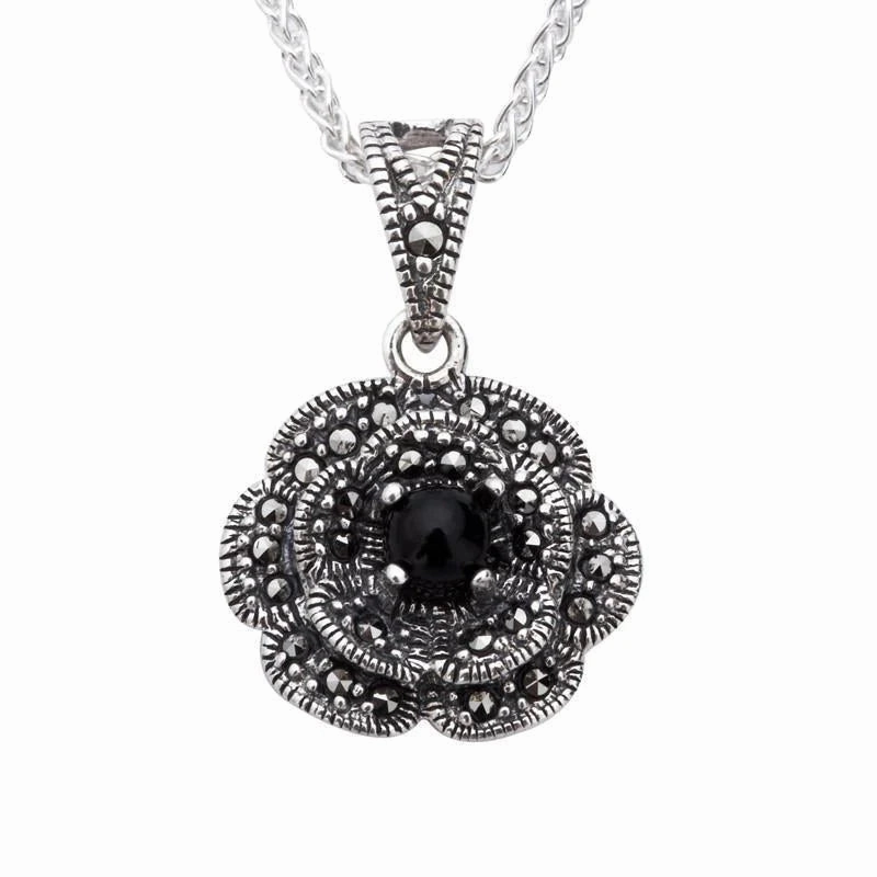 Sterling Silver Whitby Jet Marcasite Flower Necklace