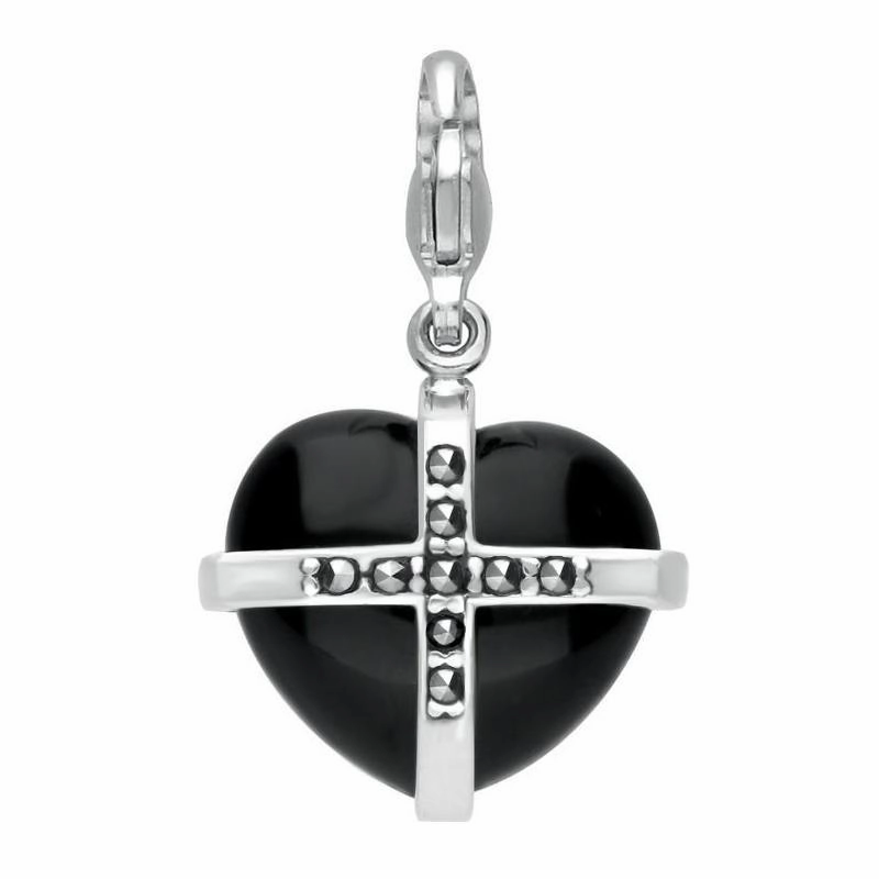 Sterling Silver Whitby Jet Marcasite Medium Cross Heart Charm
