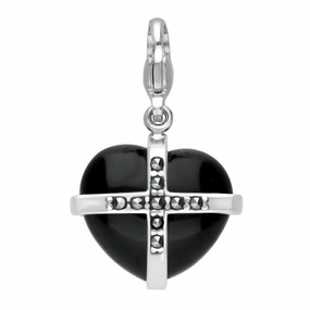 Sterling Silver Whitby Jet Marcasite Medium Cross Heart Charm