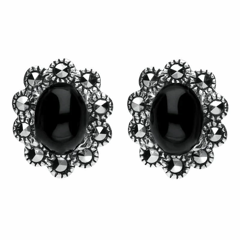 Sterling Silver Whitby Jet Marcasite Oval Beaded Edge Stud Earrings