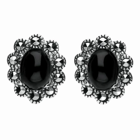 Sterling Silver Whitby Jet Marcasite Oval Beaded Edge Stud Earrings