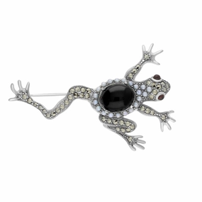Sterling Silver Whitby Jet Marcasite Pearl Garnet Frog Brooch