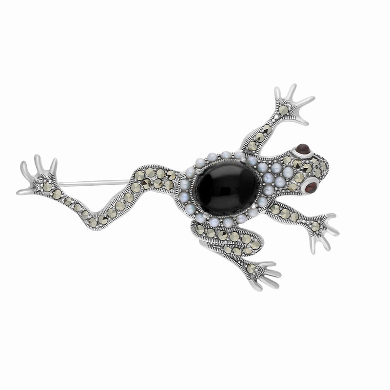 Sterling Silver Whitby Jet Marcasite Pearl Garnet Frog Brooch