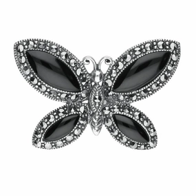 Sterling Silver Whitby Jet Marcasite Vintage Butterfly Brooch
