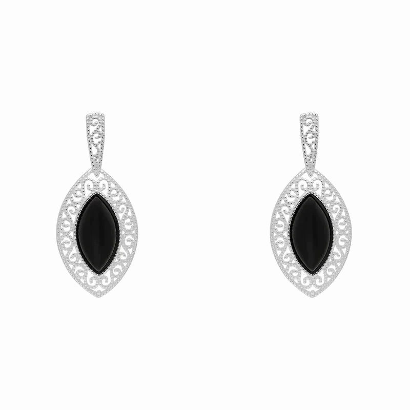Sterling Silver Whitby Jet Marquise Drop Earrings