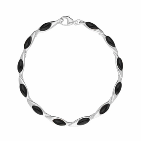 Sterling Silver Whitby Jet Marquise Link Bracelet