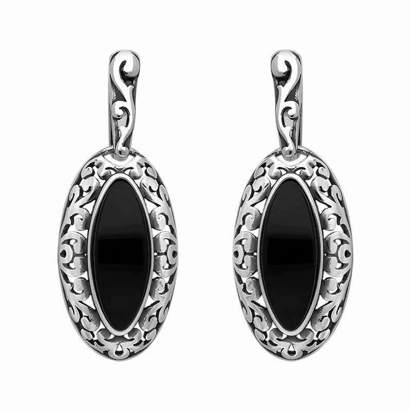 Sterling Silver Whitby Jet Marquise Pierced Frame Earrings
