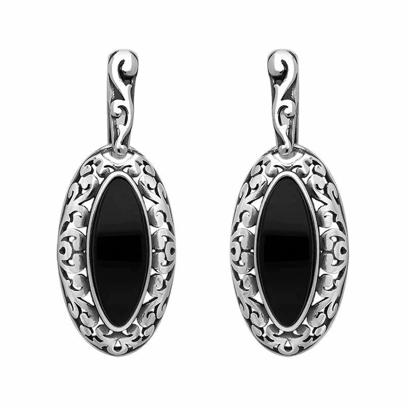 Sterling Silver Whitby Jet Marquise Pierced Frame Earrings