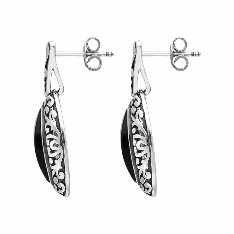Sterling Silver Whitby Jet Marquise Pierced Frame Earrings