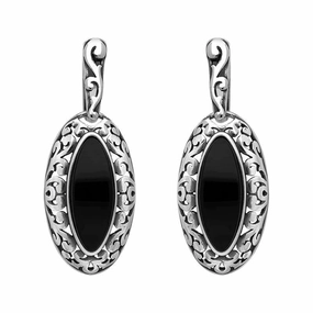 Sterling Silver Whitby Jet Marquise Pierced Frame Earrings