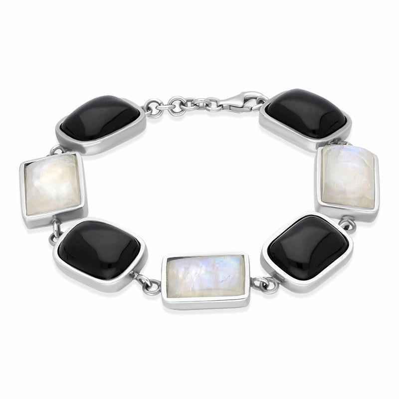 Sterling Silver Whitby Jet Moonstone Unique Oblong Bracelet