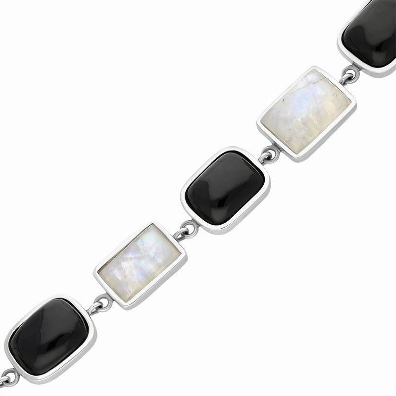 Sterling Silver Whitby Jet Moonstone Unique Oblong Bracelet