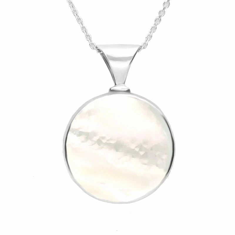 Sterling Silver Whitby Jet Mother of Pearl Round Heavy Fob Necklace