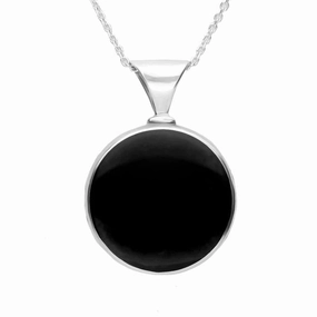 Sterling Silver Whitby Jet Mother of Pearl Round Heavy Fob Necklace