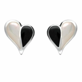 Sterling Silver Whitby Jet Mother of Pearl Split Heart Stud Earrings