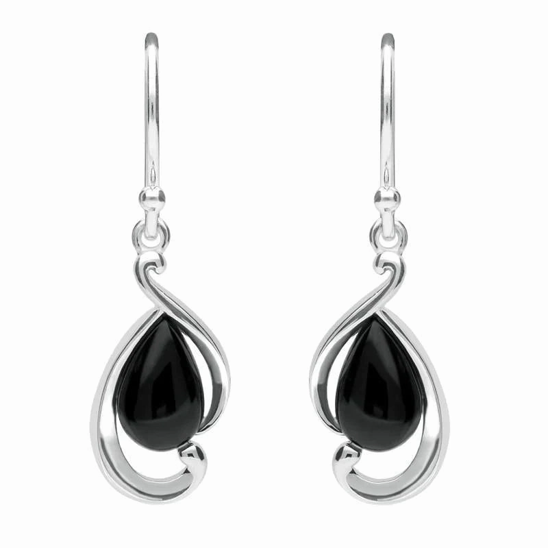Sterling Silver Whitby Jet Open Fancy Pear Drop Earrings