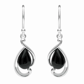 Sterling Silver Whitby Jet Open Fancy Pear Drop Earrings