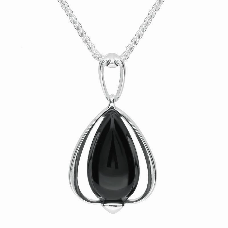 Sterling Silver Whitby Jet Open Side Pear Necklace