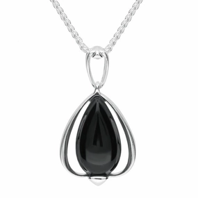 Sterling Silver Whitby Jet Open Side Pear Necklace