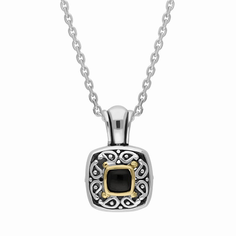 Sterling Silver Whitby Jet Ornate Square Necklace D