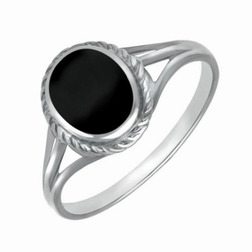 Sterling Silver Whitby Jet Oval Rope Edged Ring