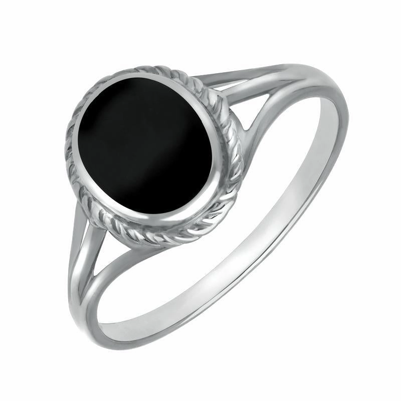 Sterling Silver Whitby Jet Oval Rope Edged Ring