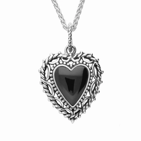 Sterling Silver Whitby Jet Pattern Edge Heart Necklace