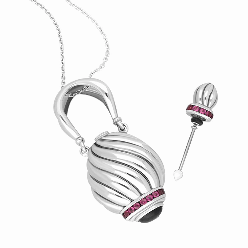Sterling Silver Whitby Jet Rhodolite Garnet Perfume Bottle Necklace D
