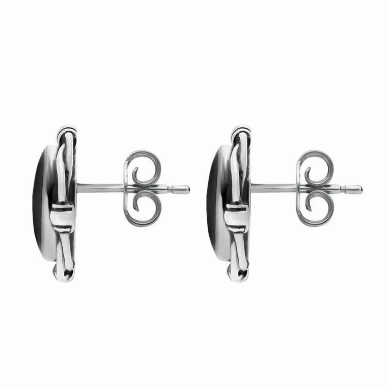Sterling Silver Whitby Jet Round Bow Edge Stud Earrings
