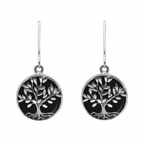 Sterling Silver Whitby Jet Round Large Tree of Life Leaves Drop Earrings