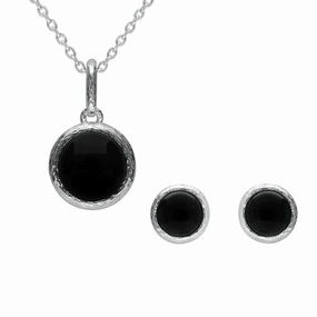 Sterling Silver Whitby Jet Round Stone Brushed Edge Two Piece Set