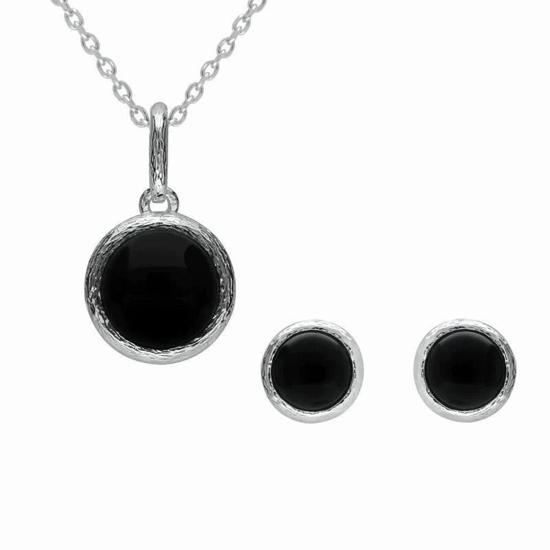Sterling Silver Whitby Jet Round Stone Brushed Edge Two Piece Set