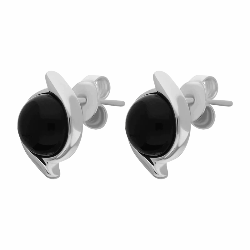 Sterling Silver Whitby Jet Round Swirl Edge Stud Earrings