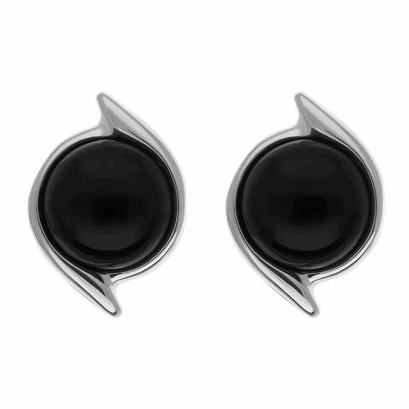 Sterling Silver Whitby Jet Round Swirl Edge Stud Earrings