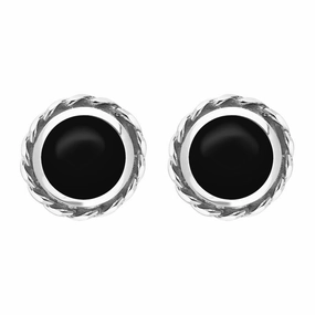 Sterling Silver Whitby Jet Round Twist Edge Stud Earrings