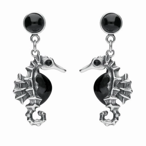Sterling Silver Whitby Jet Seahorse Drop Earrings