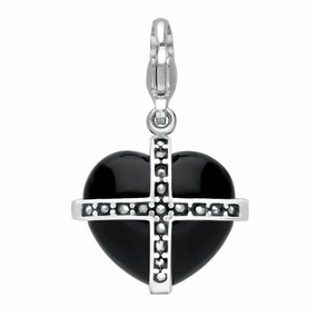 Sterling Silver Whitby Jet Seventeen Marcasite Medium Cross Heart Charm