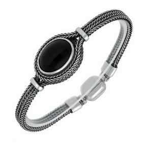 Sterling Silver Whitby Jet Small Oval Foxtail Bracelet D