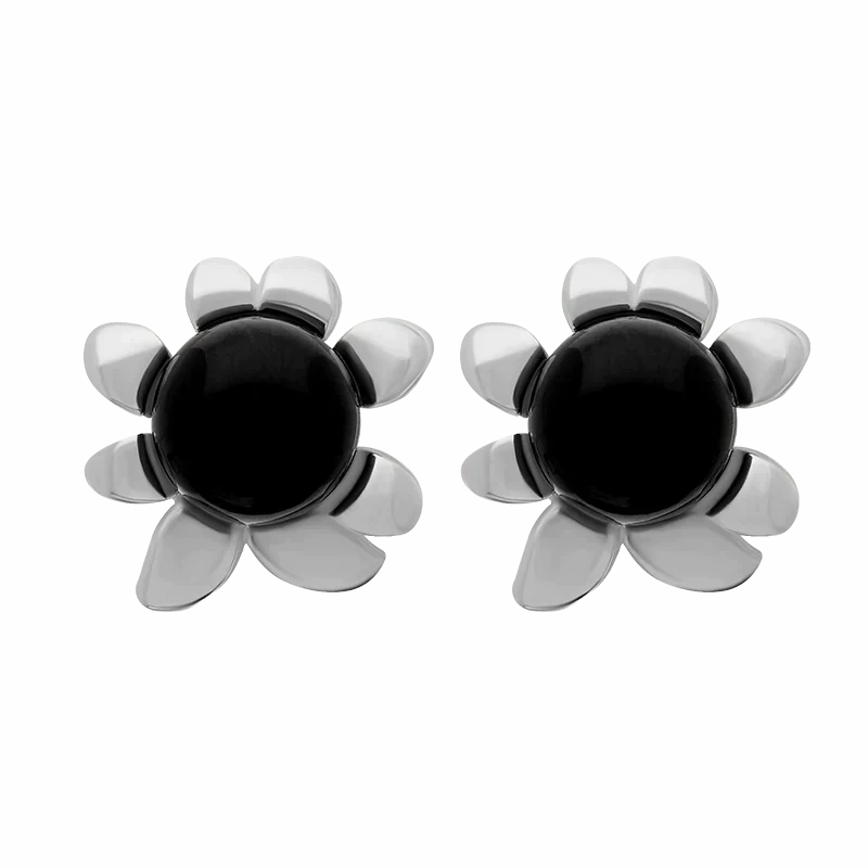 Sterling Silver Whitby Jet Small Round Petal Edge Stud Earrings
