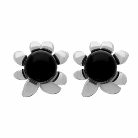 Sterling Silver Whitby Jet Small Round Petal Edge Stud Earrings