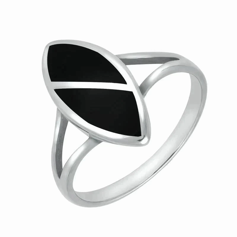 Sterling Silver Whitby Jet Split Stone Marquise Ring