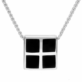 Sterling Silver Whitby Jet Square Four Stone Inlaid Necklace